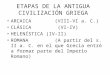 ETAPAS DE LA ANTIGUA CIVILIZACIÓN GRIEGA ARCAICA (VIII-VI a. C.) CLÁSICA (VI-IV) HELENÍSTICA (IV-II) ROMANA (A partir del s. II a. C. en el que Grecia