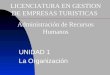 UNIDAD 1 La Organización LICENCIATURA EN GESTION DE EMPRESAS TURISTICAS Administración de Recursos Humanos