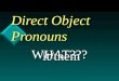 Direct Object Pronouns WHAT??? it/them. Tengo un lápiz.Tengo un lápiz. Tengo una pluma.Tengo una pluma. Tengo unos librosTengo unos libros Tengo unas