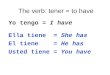 The verb: tener = to have Yo tengo = I have Ella tiene = She has El tiene = He has Usted tiene = You have