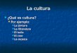 La cultura ¿Qué es cultura? ¿Qué es cultura? Por ejemplo: Por ejemplo: La pintura La pintura La litteratura La litteratura El baile El baile El cine El