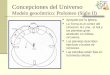 Concepciones del Universo Modelo geocéntrico: Ptolomeo (Siglo II) Apoyado por la Iglesia. La Tierra es el centro del Universo; la Luna, el Sol y los planetas