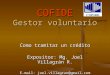 COFIDE Gestor voluntario Como tramitar un crédito Expositor: Mg. Joel Villagrán R. E-mail: joel.villagran@gmail.com