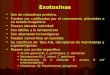 Exotoxinas Son de naturaleza proteica. Son de naturaleza proteica. Pueden ser codificadas por el cromosoma, plásmidos o en estado lisogénico. Pueden ser