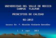 UNIVERSIDAD DEL VALLE DE MEXICO CAMPUS TLALPAN PRINCIPIOS DE CALIDAD 02-2013 Docente: Dr. F. Nicolás Violante González L 9 sept 2013