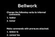 Bellwork Change the following verbs to informal commands. 1. hablar 2. tomar Make commands with pronouns attached. 1. beber/ la 2. comer/ los