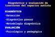 Diagnóstico y evaluación de trastornos del espectro autista DIAGNÓSTICO Detección Diagnóstico precoz Metodología diagnóstica EVALUACIÓN Psicológica y