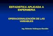 OPERACIONALIZACIÓN DE LAS VARIABLES ESTADISTICA APLICADA A ENFERMERIA Ing. Roberto Velásquez Rondón