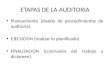 ETAPAS DE LA AUDITORIA Planeamiento (diseño de procedimientos de auditoria). EJECUCION (realizar lo planificado). FINALIZACION (conclusión del trabajo