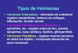 Tipos de Hormonas Hormonas Esteroideas - derivadas de colesterol- regulan metabolismo, balance de sal/agua, inflamación, función sexual Hormonas Derivadas