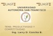 PRODUCTIVIDAD Y COMPETITIVIDAD TEMA: PRODUCTIVIDAD Y COMPETITIVIDAD Ing. Larry D. Concha B. UNIVERSIDAD AUTONOMA SAN FRANCISCO