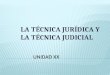 LA TÉCNICA JURÍDICA Y LA TÉCNICA JUDICIAL. En sentido amplio la técnica jurídica es el conjunto de reglas que determinan los procedimientos adecuados