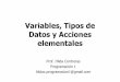 Variables, Tipos de Datos y Acciones elementaleswebdelprofesor.ula.ve/.../tema2-Variables/Unidad1tema2-Valores.pdf · Variables, Tipos de Datos y Acciones elementales Prof. Hilda