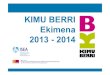 KIMU BERRI Ekimena 2013 -2014 · Startups generadas en el marco de la iniciativa KIMU BERRI EXPOSICIÓN KULTURATE PRESENCIA EN MEDIOS ASISTENCIA FERIA HABITAT 6.-Evidencias Startupque